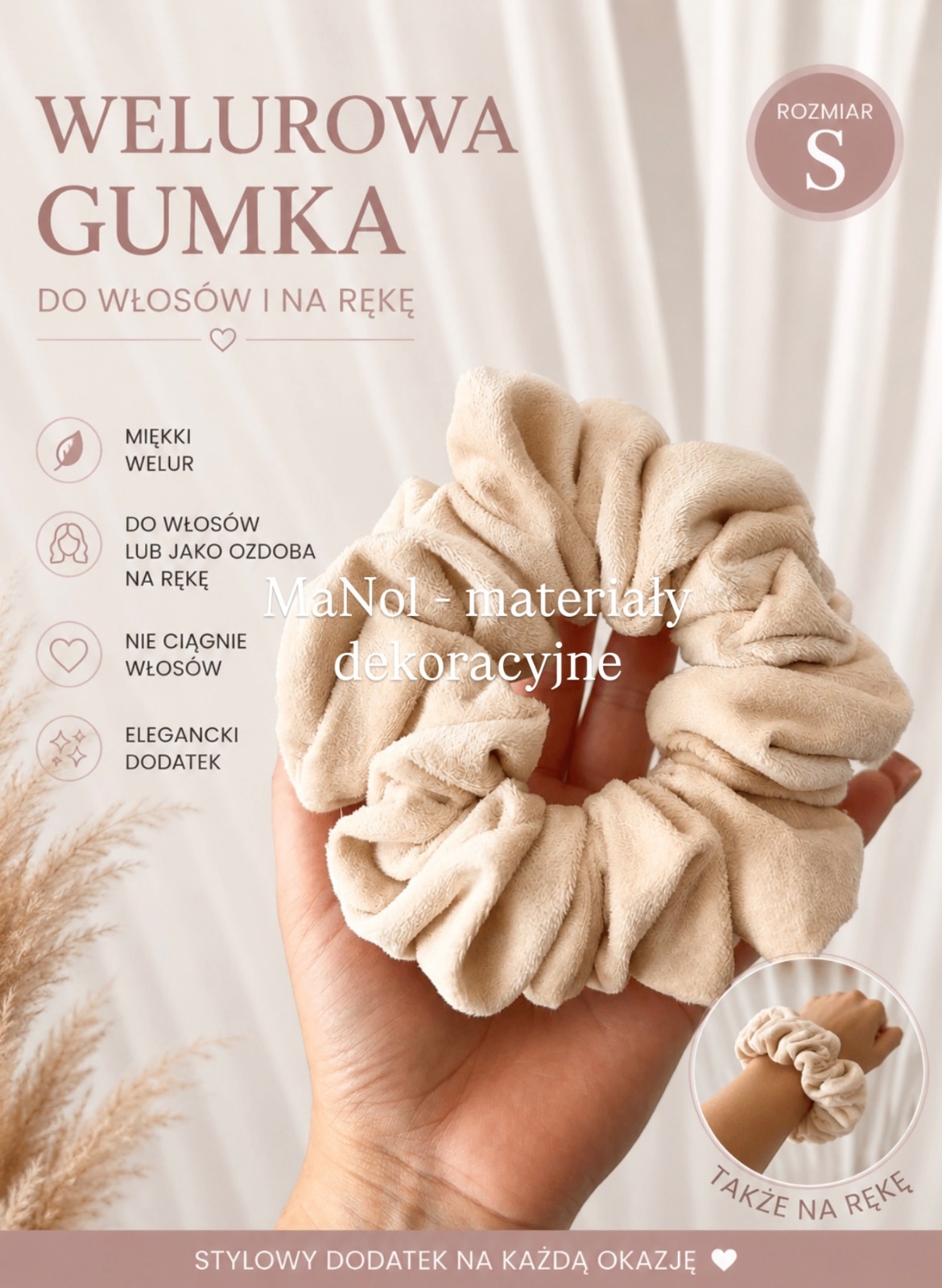 Welurowa gumka do włosów - rozmiar S — welurowa na wesele, Welur, ciepły beż — galeria MaNol