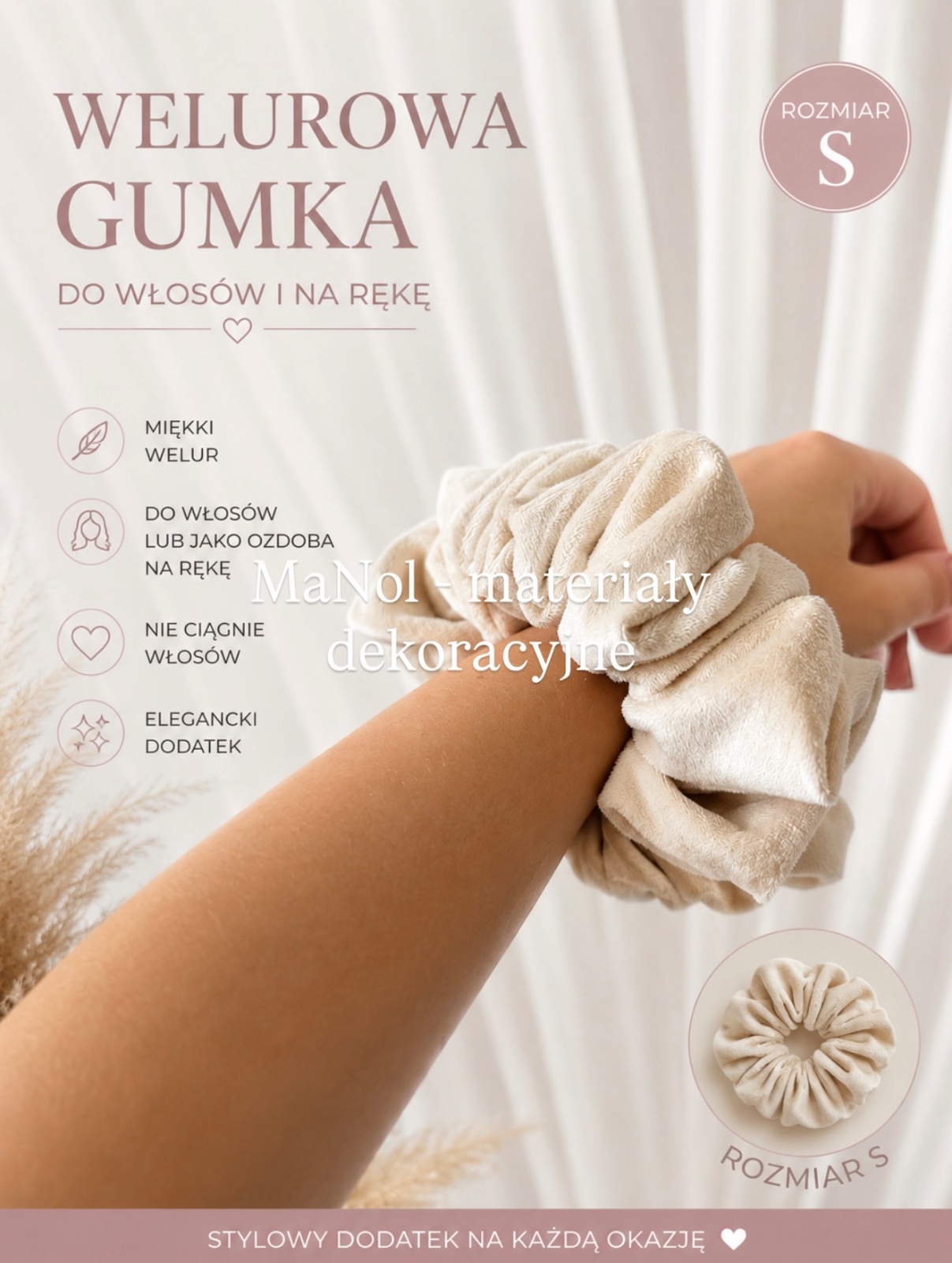 Welurowa gumka do włosów - rozmiar S — welurowa na wesele, Welur, ciepły beż — galeria MaNol — zdjęcie 2