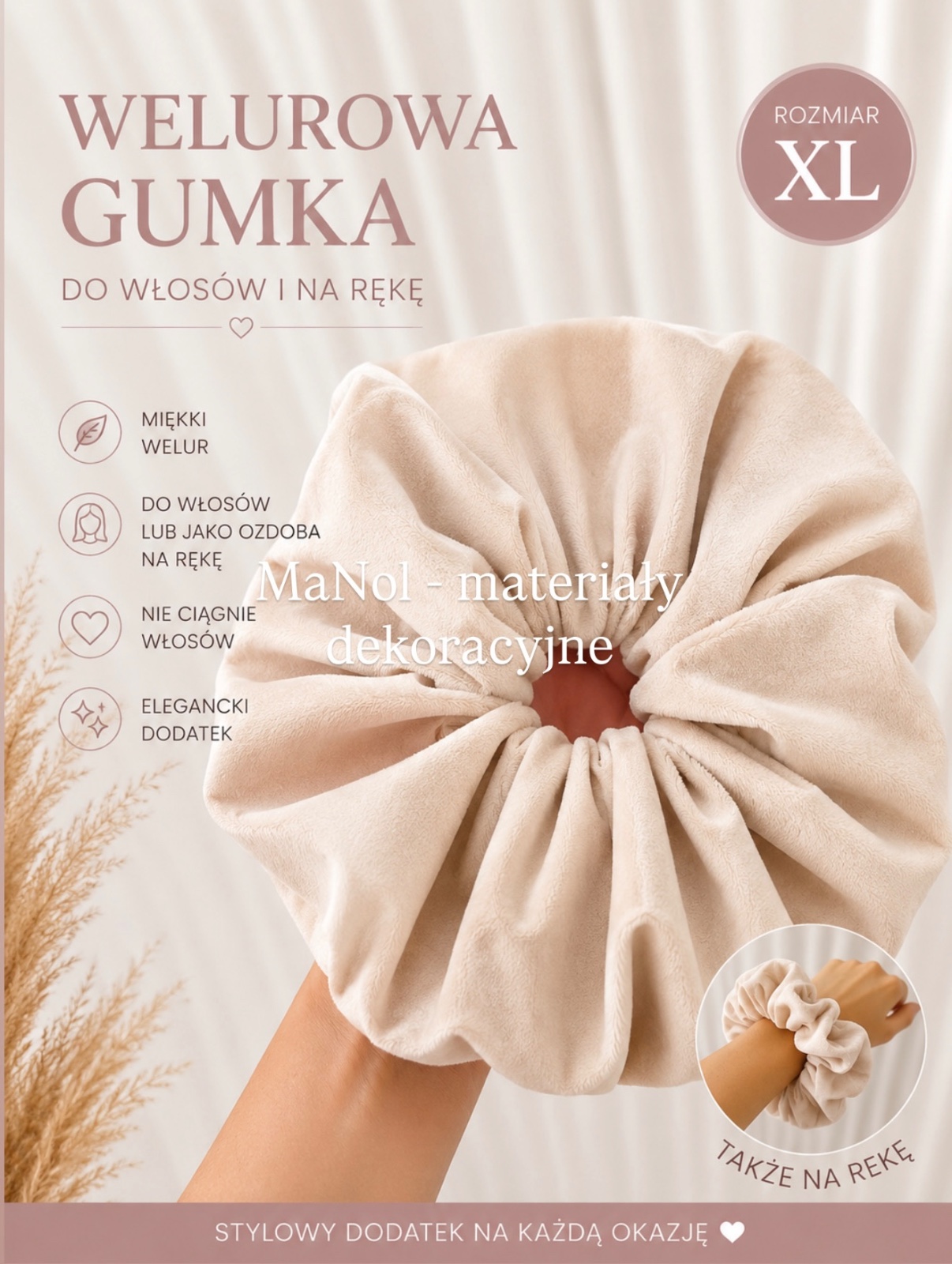 Welurowa gumka do włosów - rozmiar XL jasny beż — welurowa na wesele, Welur, jasny beż — galeria MaNol