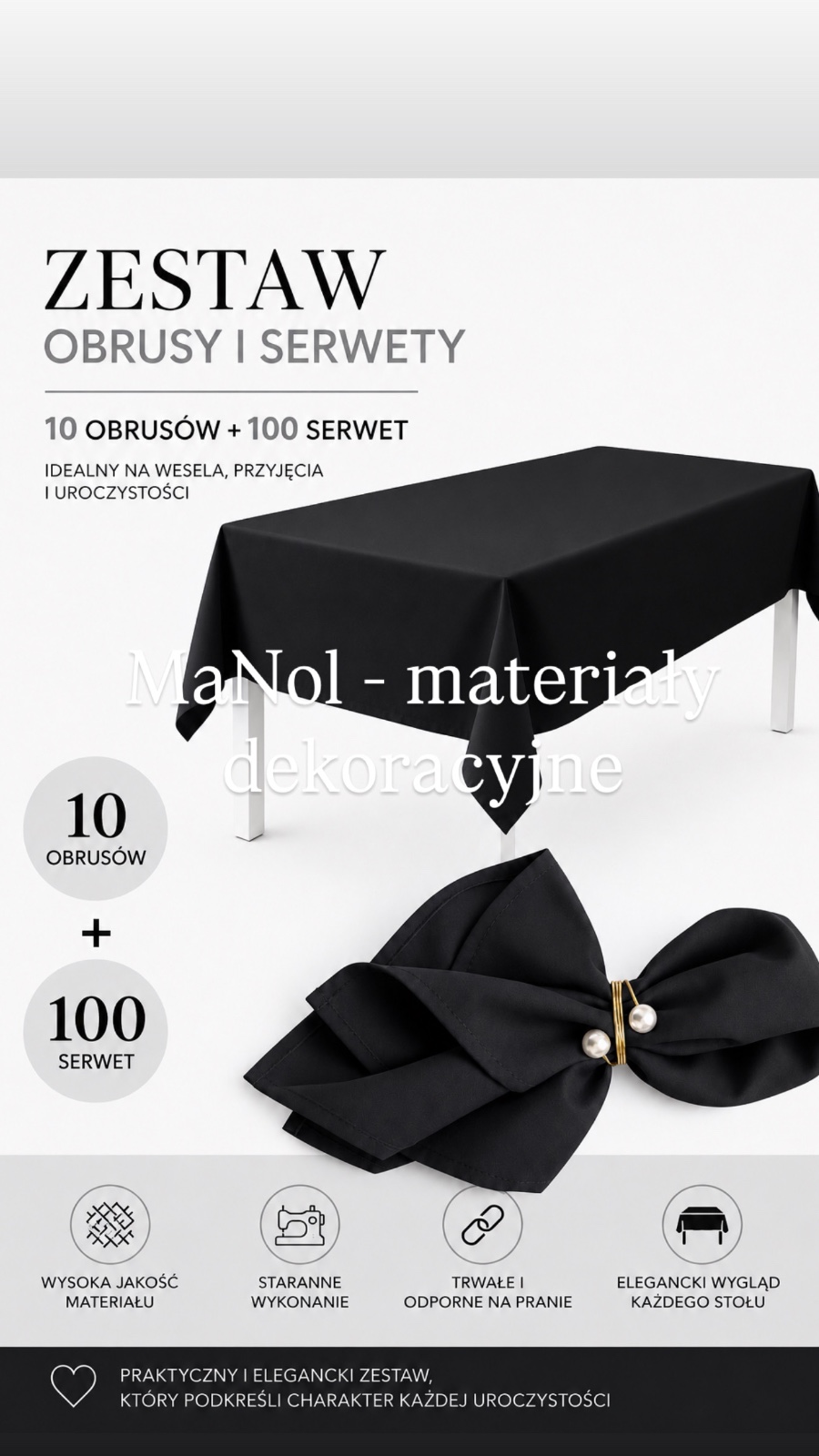 zestaw - czarny 100 serwet + 10 szt obrus 150x300 — zestaw na wesele, panama, czarny — galeria MaNol