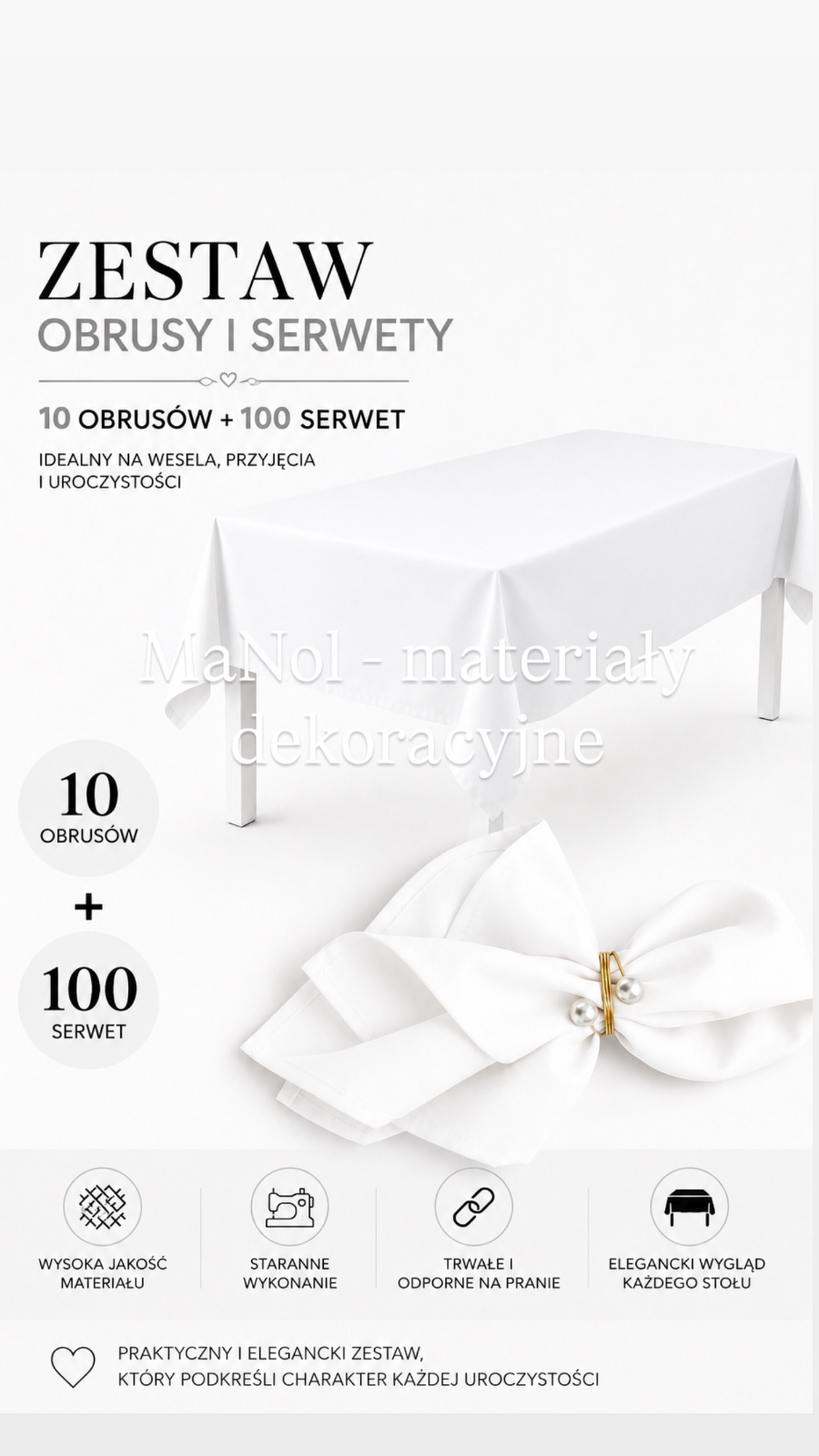 Zestaw biały - 100 serwet + 10 szt obrus 150x300 — zestaw na wesele, Panama, biały — galeria MaNol