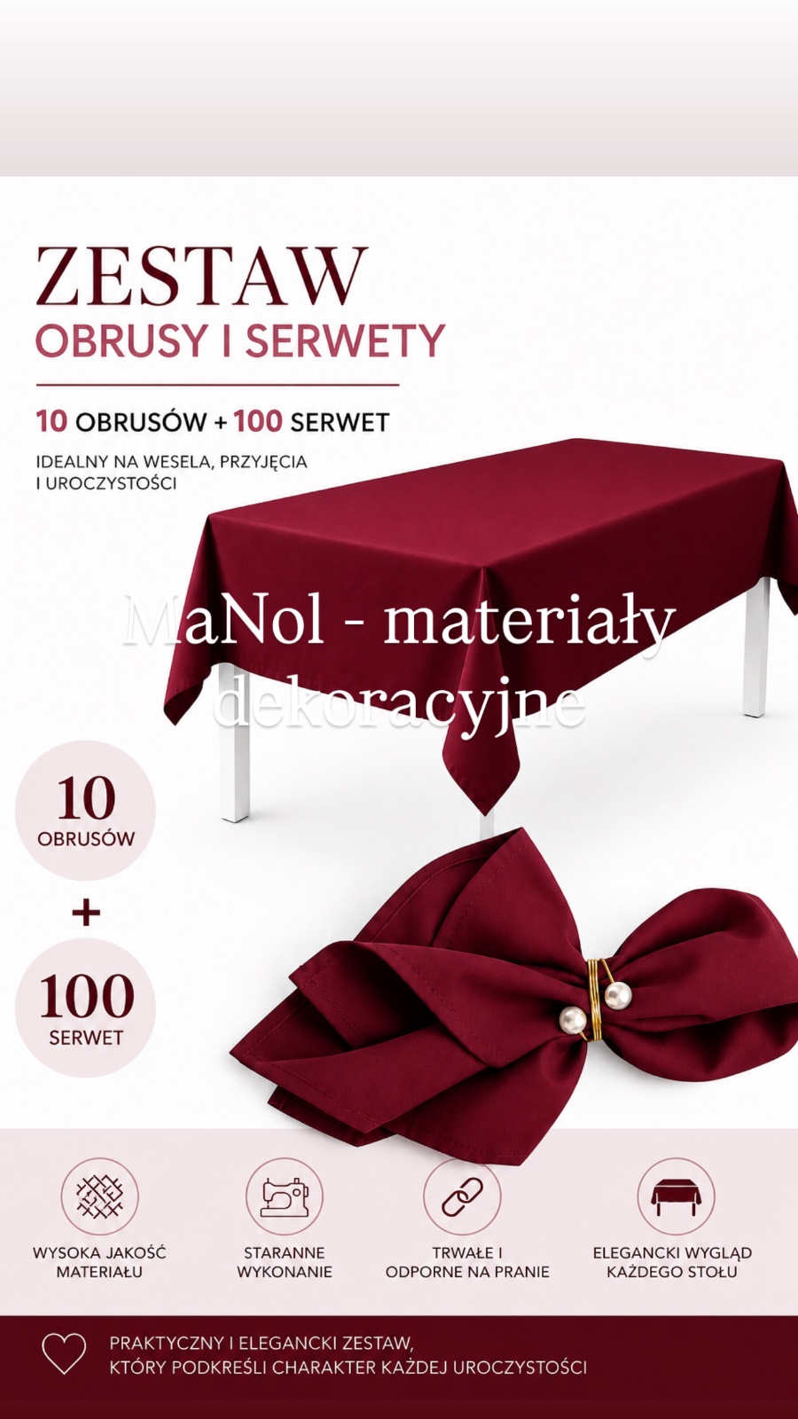 Zestaw - bordowy 100 serwet + 10 szt obrus 150x300 — zestaw na wesele, Panama, bordowy — galeria MaNol