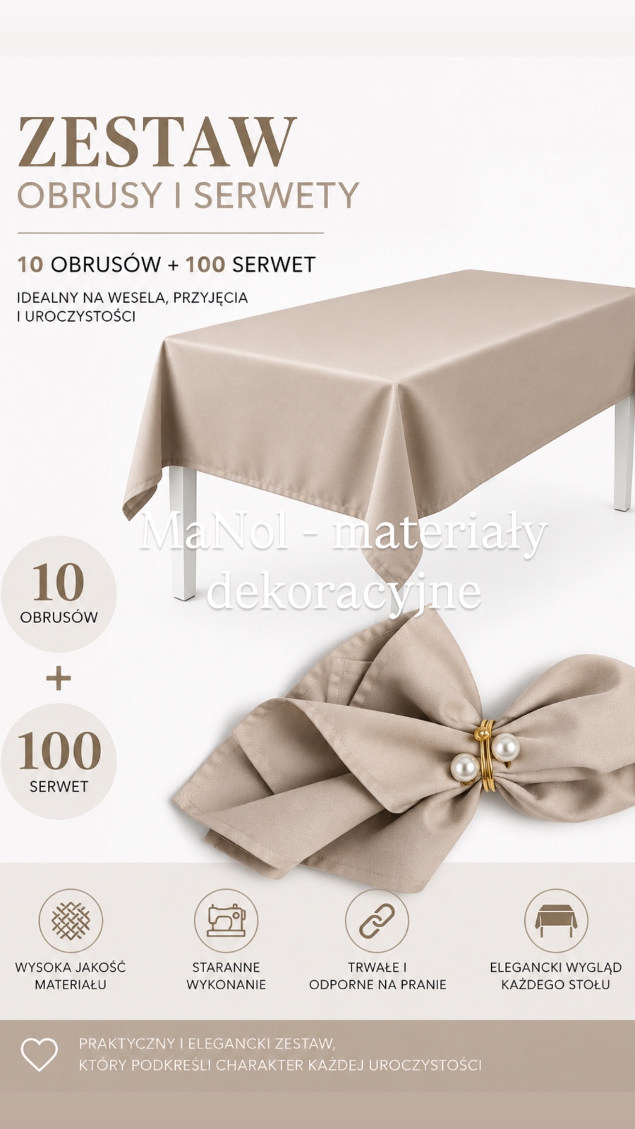 Zestaw cappuccino - 100 serwet + 10 szt obrus 150x300 — zestaw na wesele, Panama, cappuccino — galeria MaNol