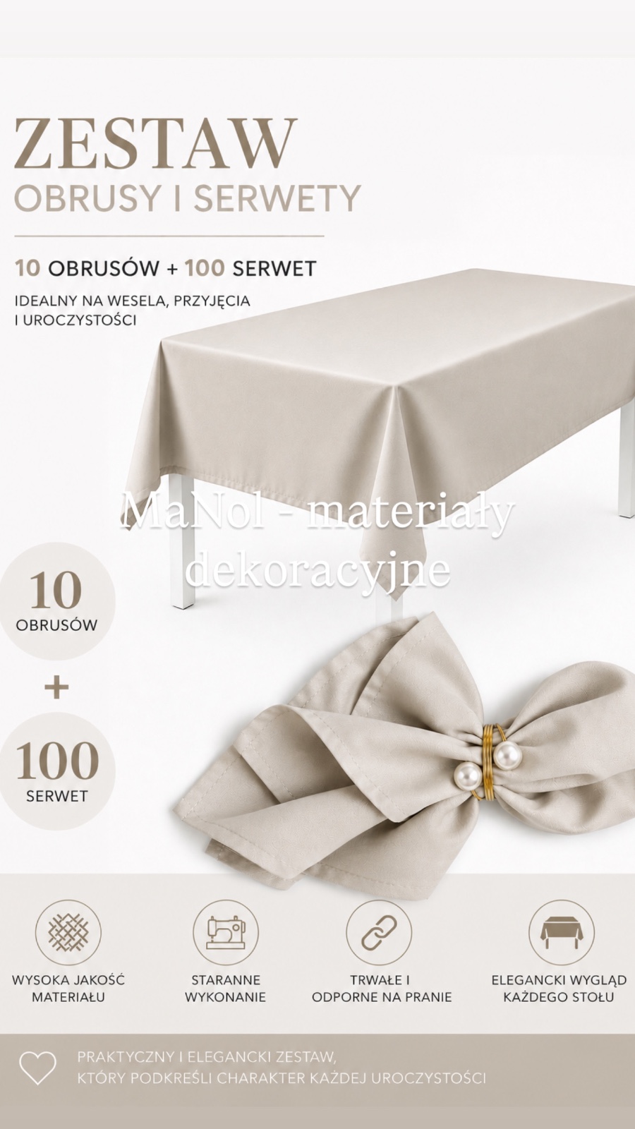Zestaw chłodny beż - 100 serwet + 10szt obrus 150x300 — zestaw na wesele, Panama, chłodny beż — galeria MaNol