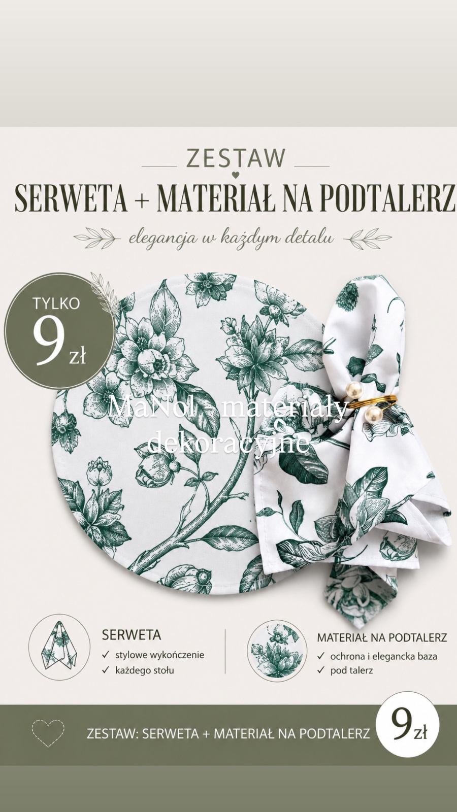 Serweta + materiał na podtalerz zielony wzór — serweta na wesele, Panama, Zielono - biały — galeria MaNol
