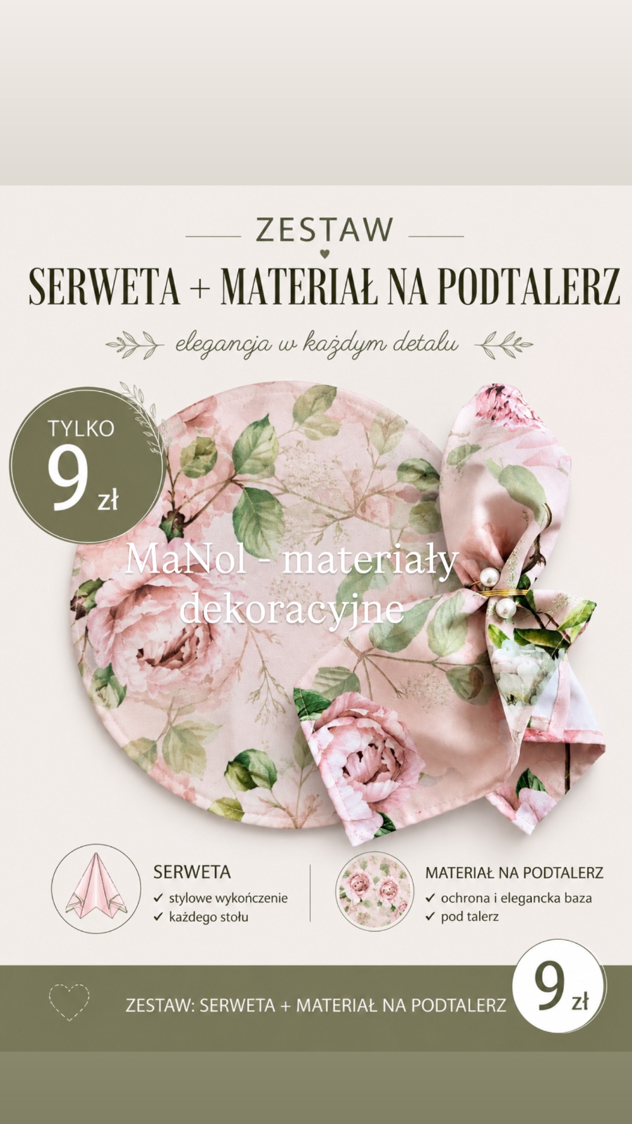 Zestaw serweta + materiał na podtalerz beżowy wzór — zestaw na wesele, Panama, beżowo-zielony — galeria MaNol