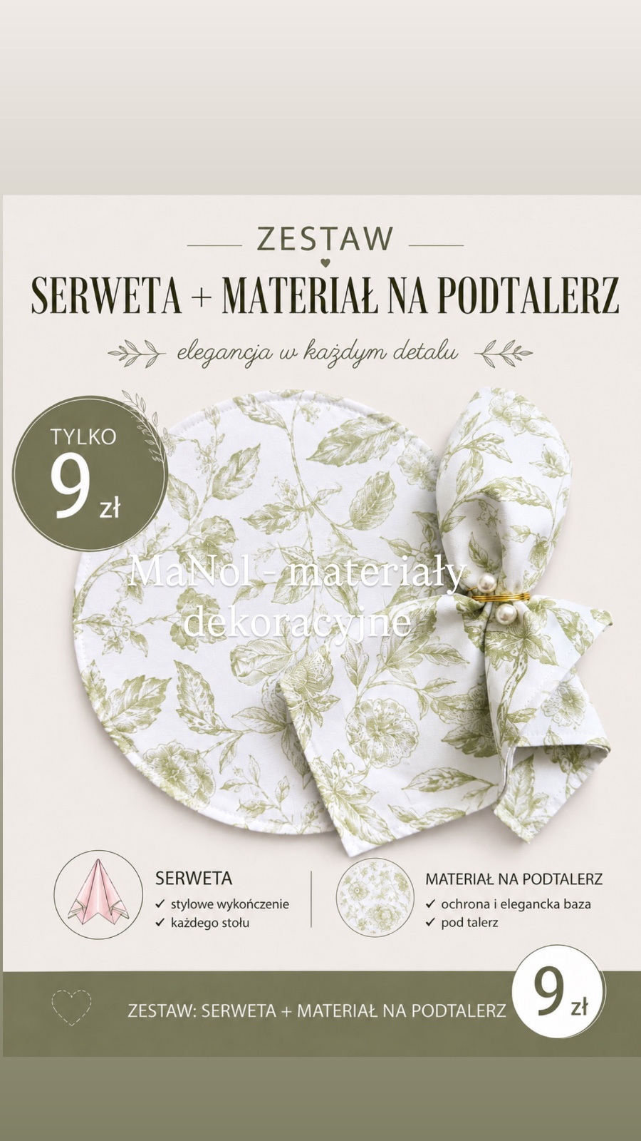 Zestaw serweta + materiał na podtalerz - pistacjowy wzór — zestaw na wesele, Panama, pistacjowo-biały — galeria MaNol