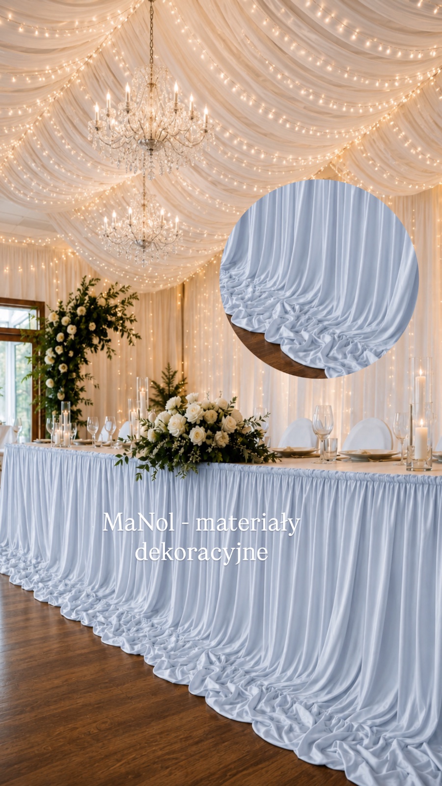 Skirting 150x300 błękitny - bez prasowania — skirting na wesele, Ity, błękitny — galeria MaNol