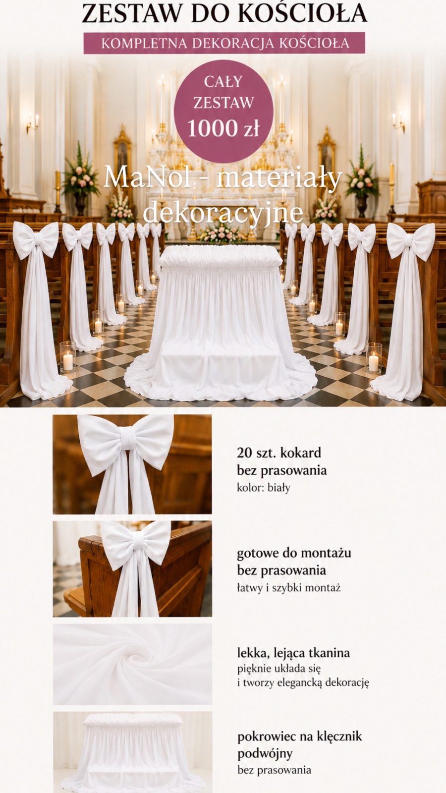 Zestaw do kościoła | 20 kokard ITY + pokrowiec na klęcznik podwójny ITY — zestaw na wesele, Ity, Biały — galeria MaNol
