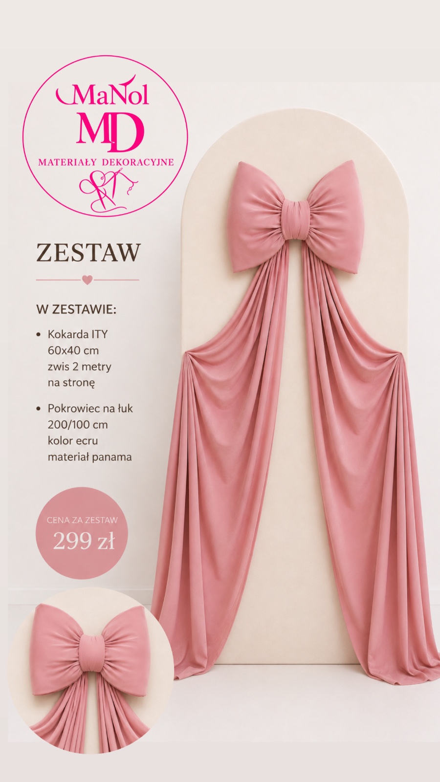 Zestaw ecru + przygaszony róż - Kokarda ITY 60x40  | Pokrowiec na łuk 200x100 — zestaw na wesele, Ity | panama, przygaszony róż | ecru — galeria MaNol