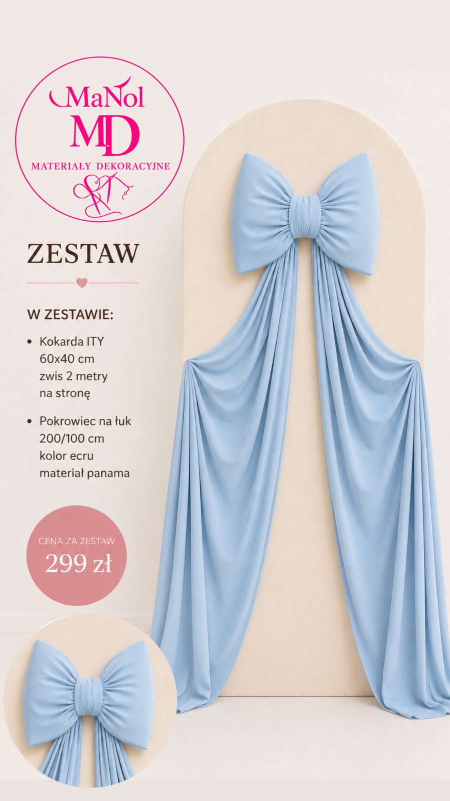 Zestaw ecru + błękit - Kokarda ITY 60x40 | Pokrowiec na łuk 200x100 ecru — zestaw na wesele, Ity | panama, Błękitny | ecru — galeria MaNol