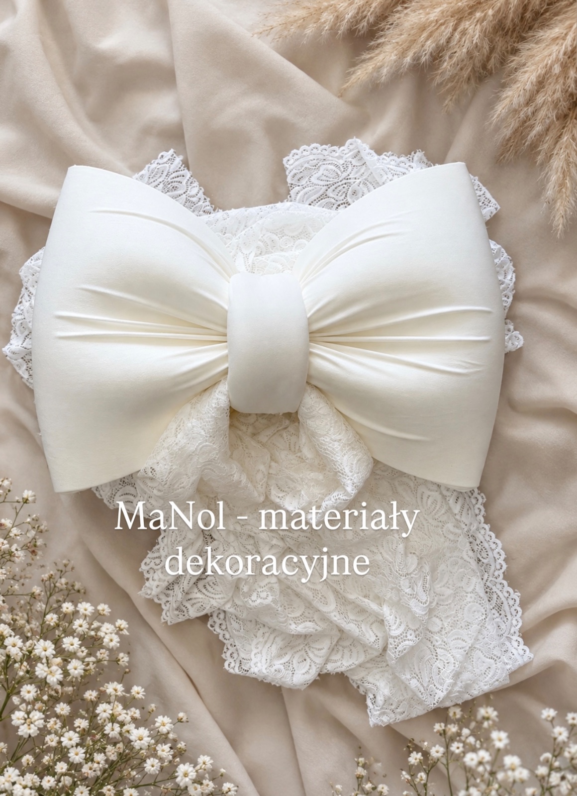 Kokarda ecru z koronką 55x35, zwis 200 cm na stronę — kokarda na wesele, Koronka | ITY, ecru — galeria MaNol — zdjęcie 3