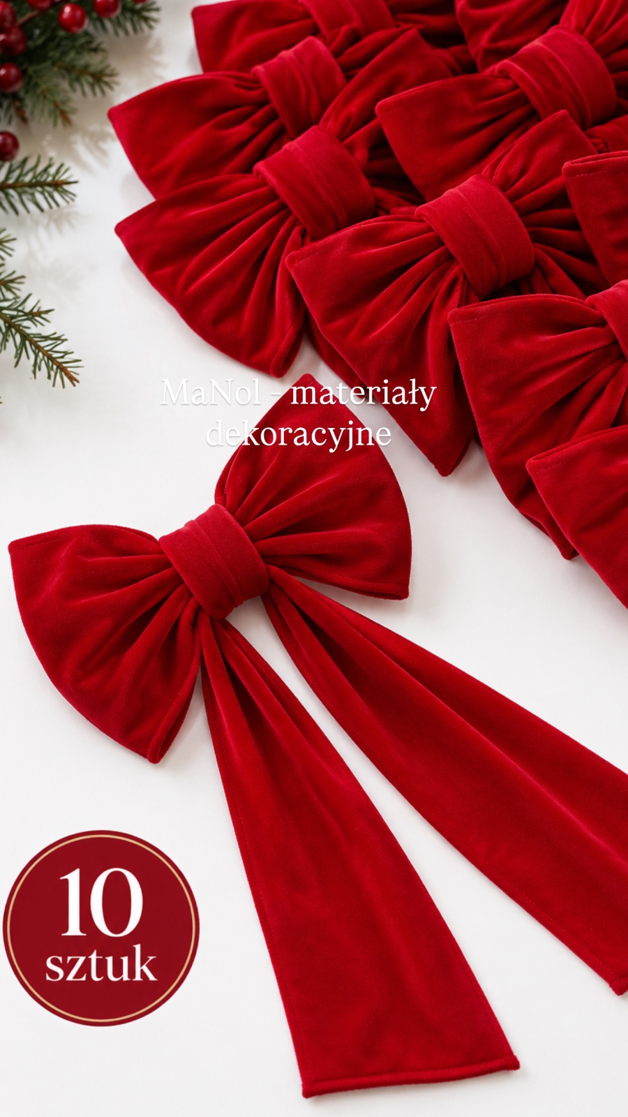 Zestaw czerwonych kokard welur 10 szt - 15x20, zwis 30 cm na stronę — zestaw na wesele, Welur, czerwony — galeria MaNol