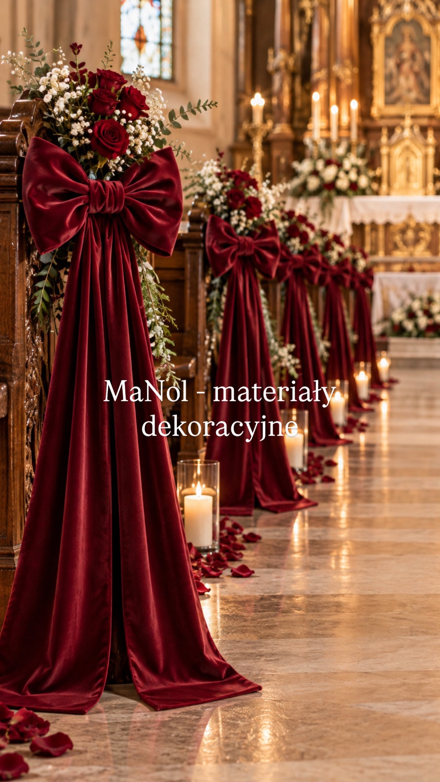 Kokarda dekoracyjna na ławkę kościelną - bordo welur 30x20, zwis 150 cm na stronę — kokarda na wesele, Welur, bordowy — galeria MaNol — zdjęcie 2