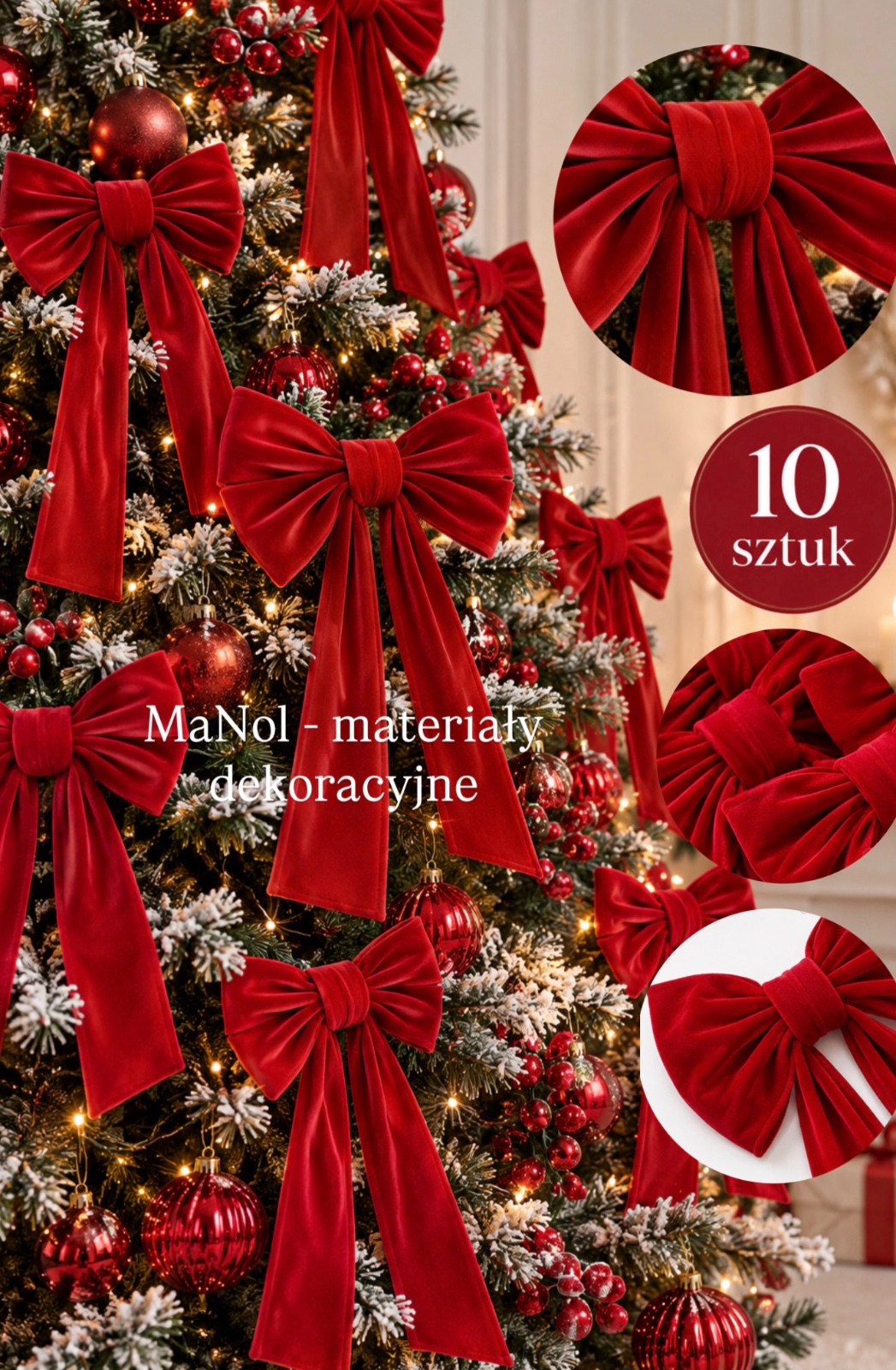 Zestaw czerwonych kokard welur 10 szt - 15x20, zwis 30 cm na stronę — zestaw na wesele, Welur, czerwony — galeria MaNol — zdjęcie 2